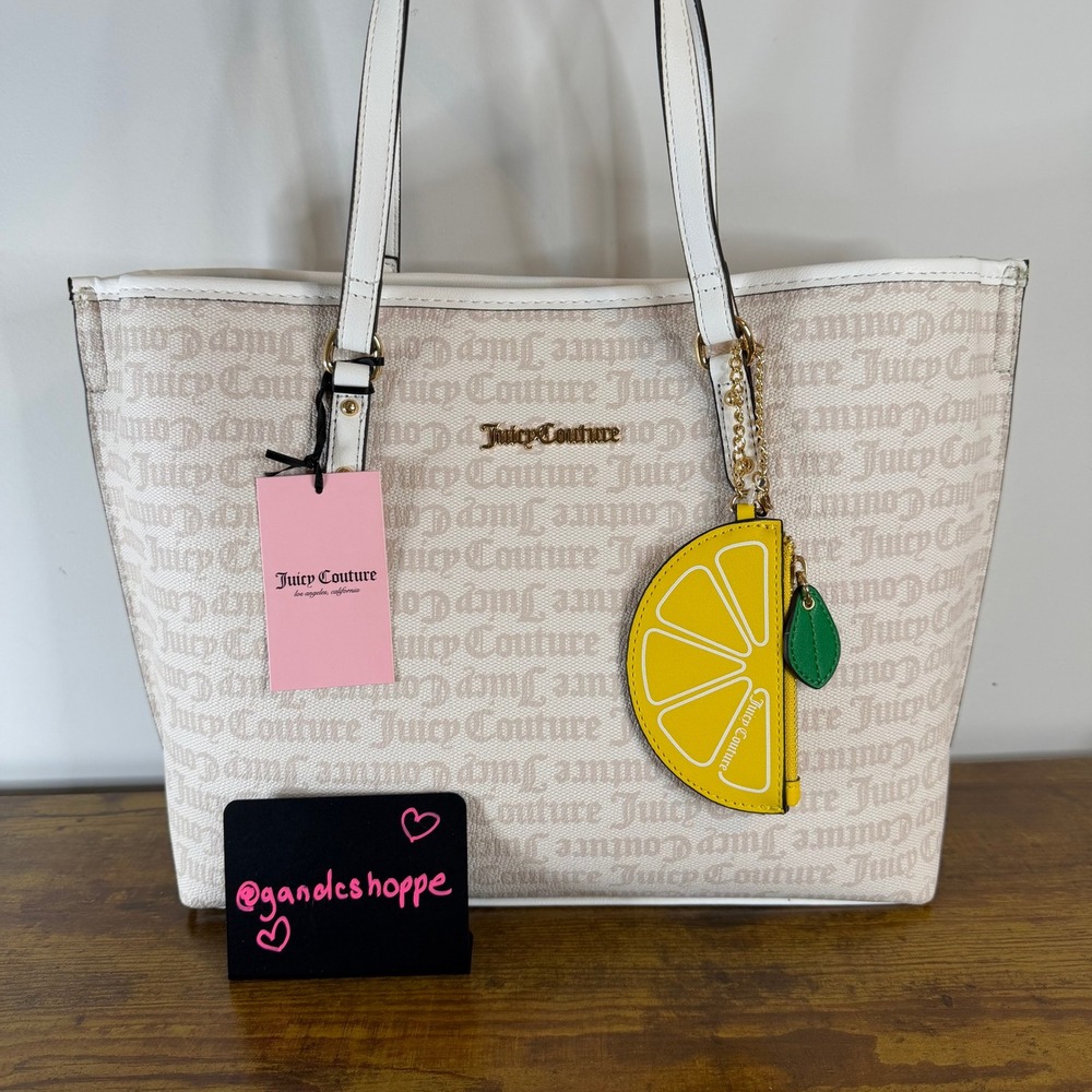New Juicy Couture Fruitful Lemon Large Tote Shoulder Handbag White Beige Charm